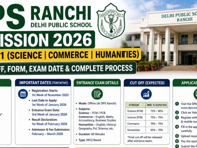 DPS Ranchi Admission 2026 Class 11: Cut Off, Form, Exam Date & Complete Process