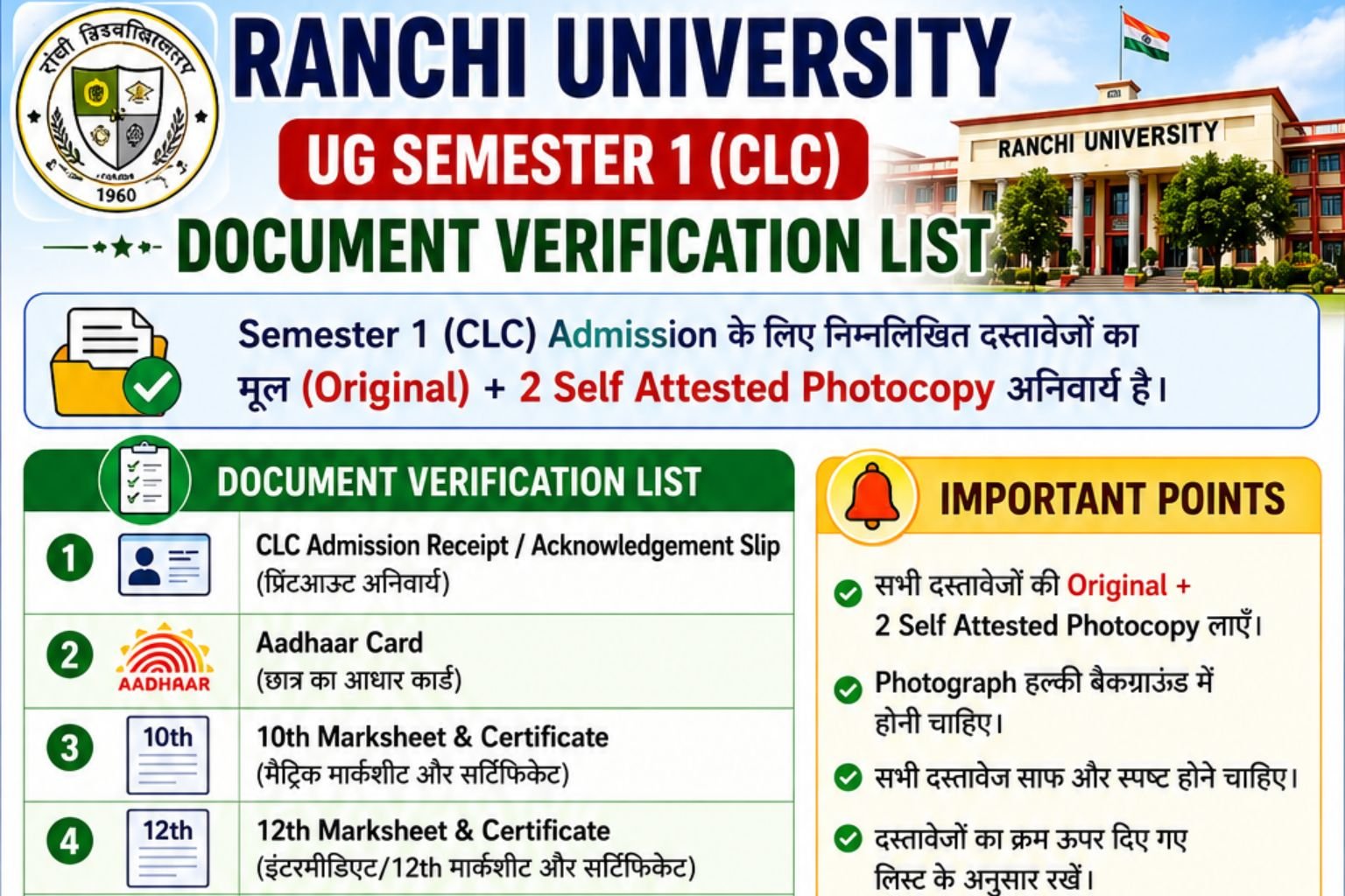 Ranchi University UG Semester 1 CLC Document Verification List