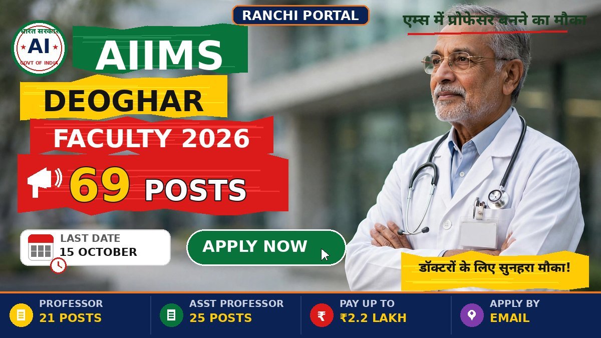 AIIMS Deoghar Faculty Recruitment 2026 – 69 Posts, Apply via Email AIIMS Deoghar Faculty Recruitment 2026 – 69 posts, last date 15 October