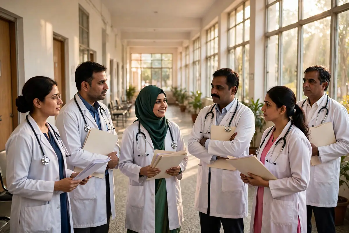 Doctors in white coats at ESIC Medical College Kalaburagi campus — walk-in faculty recruitment 2026