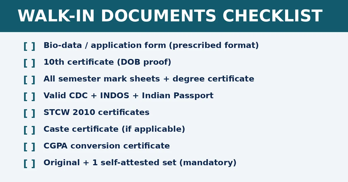DCI walk-in interview documents checklist — original plus self attested copies required