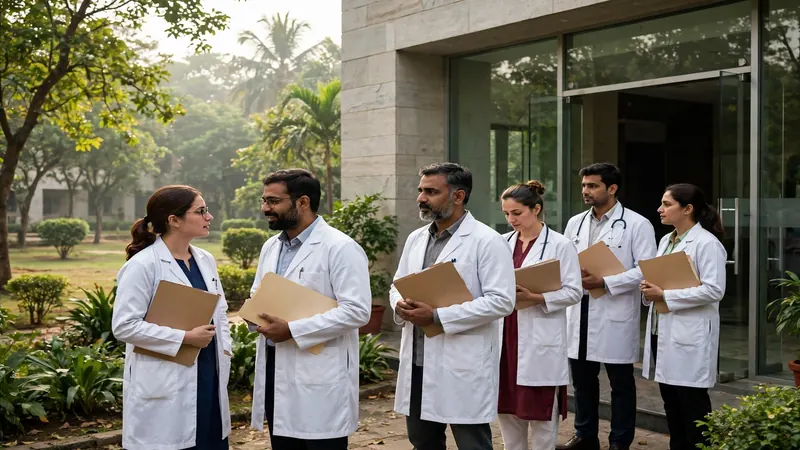 ESIC Varanasi walk-in interview day — doctors in white coats with documents outside the medical college building