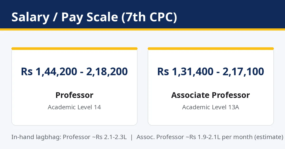 DTU Professor salary infographic - Level 14 Rs 144200-218200, Associate Professor Level 13A Rs 131400-217100, 7th CPC pay scale