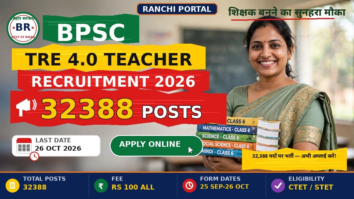 BPSC TRE 4.0 Recruitment 2026 - 32388 Teacher Posts - Ranchi Portal