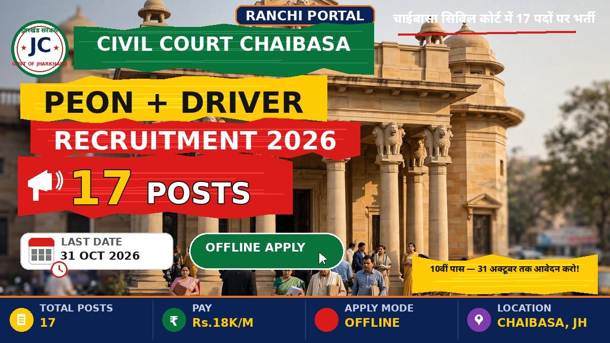 Civil Court Chaibasa Recruitment 2026 — 17 Peon and Driver posts, offline application, last date 31 October 2026