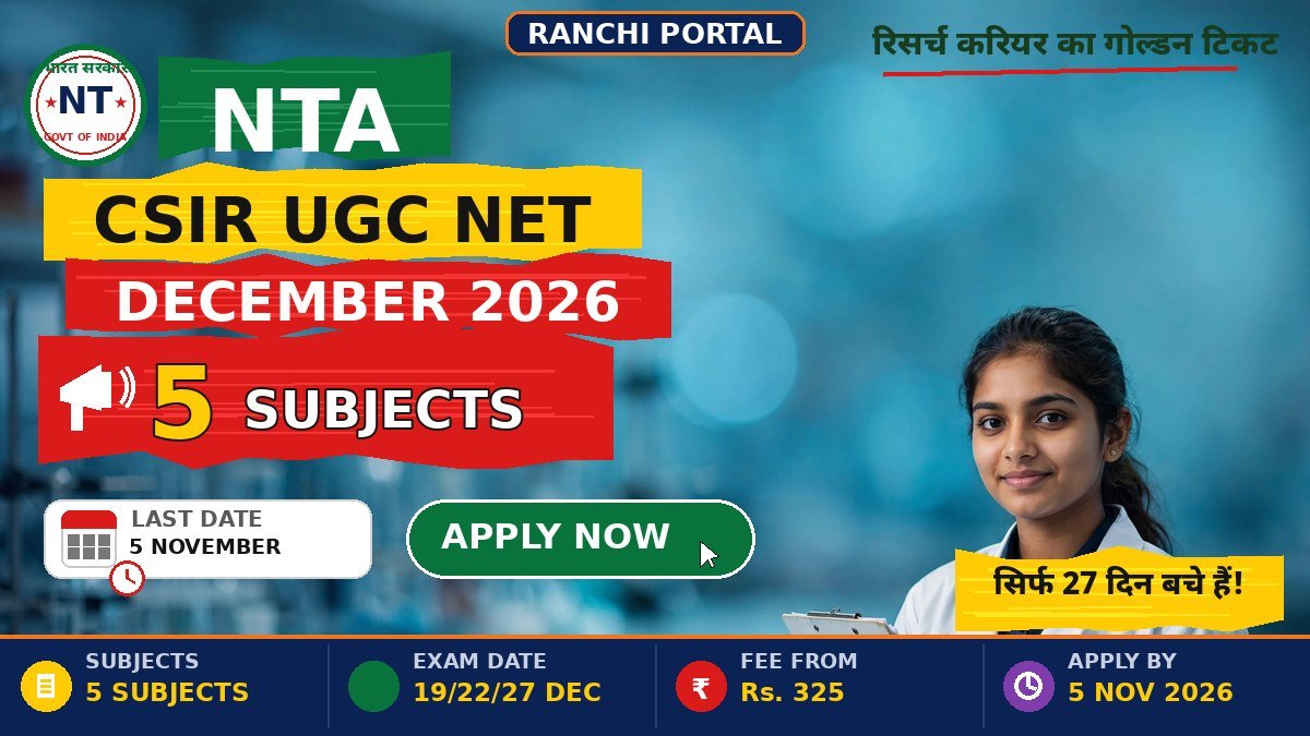 CSIR UGC NET December 2026 notification — apply by 5 November, exam 19, 22, 27 December