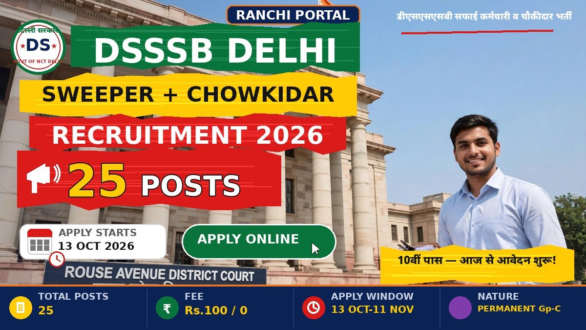 DSSSB Sweeper Chowkidar Recruitment 2026 — 25 posts, 10th pass, apply online 13 Oct to 11 Nov 2026