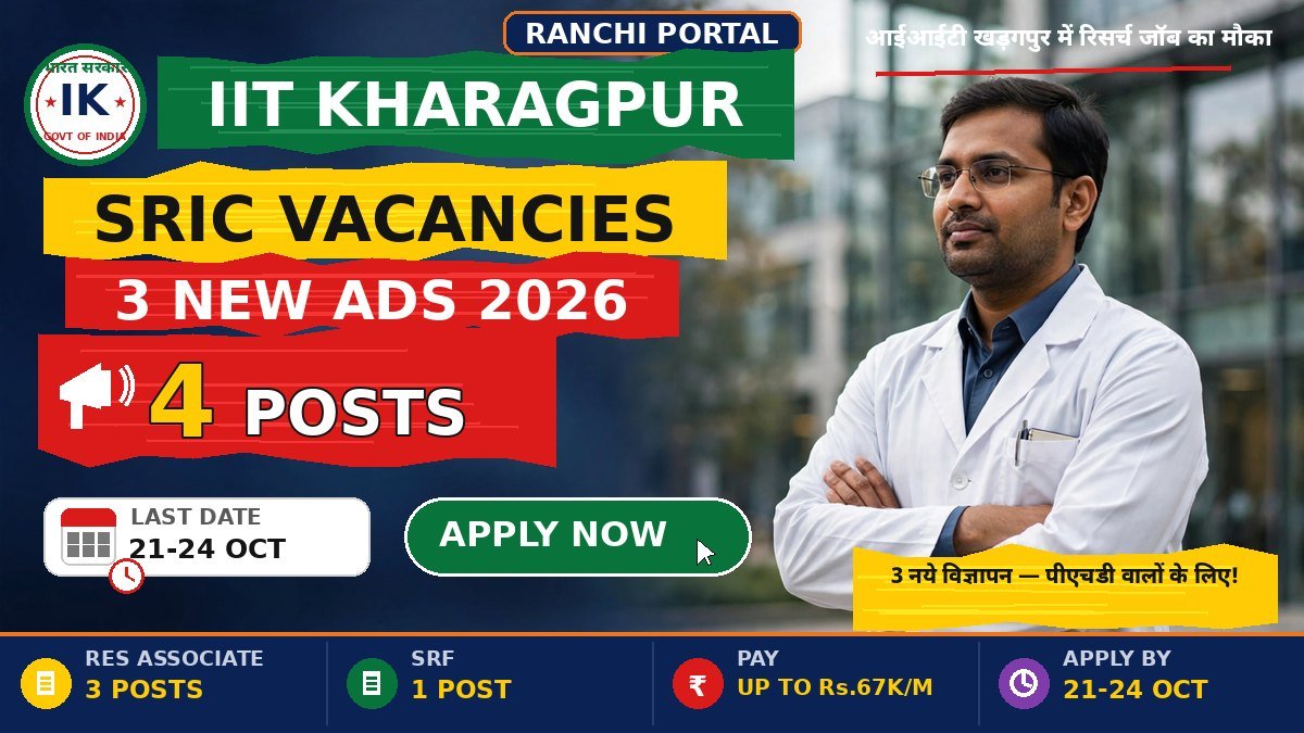 IIT Kharagpur SRIC Recruitment 2026 4 Posts Research Associate SRF