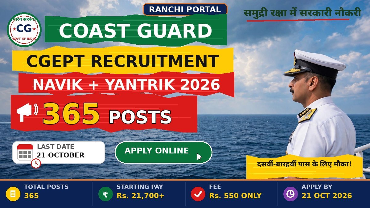 Coast Guard CGEPT Recruitment 2026 — 365 Navik and Yantrik Posts, Last Date 21 October