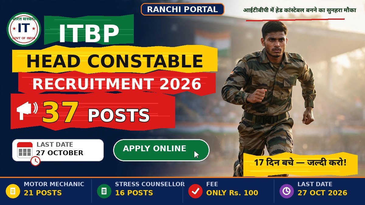 ITBP Head Constable Recruitment 2026 - 37 posts, Motor Mechanic 21 and Education Stress Counsellor 16, last date 27 October