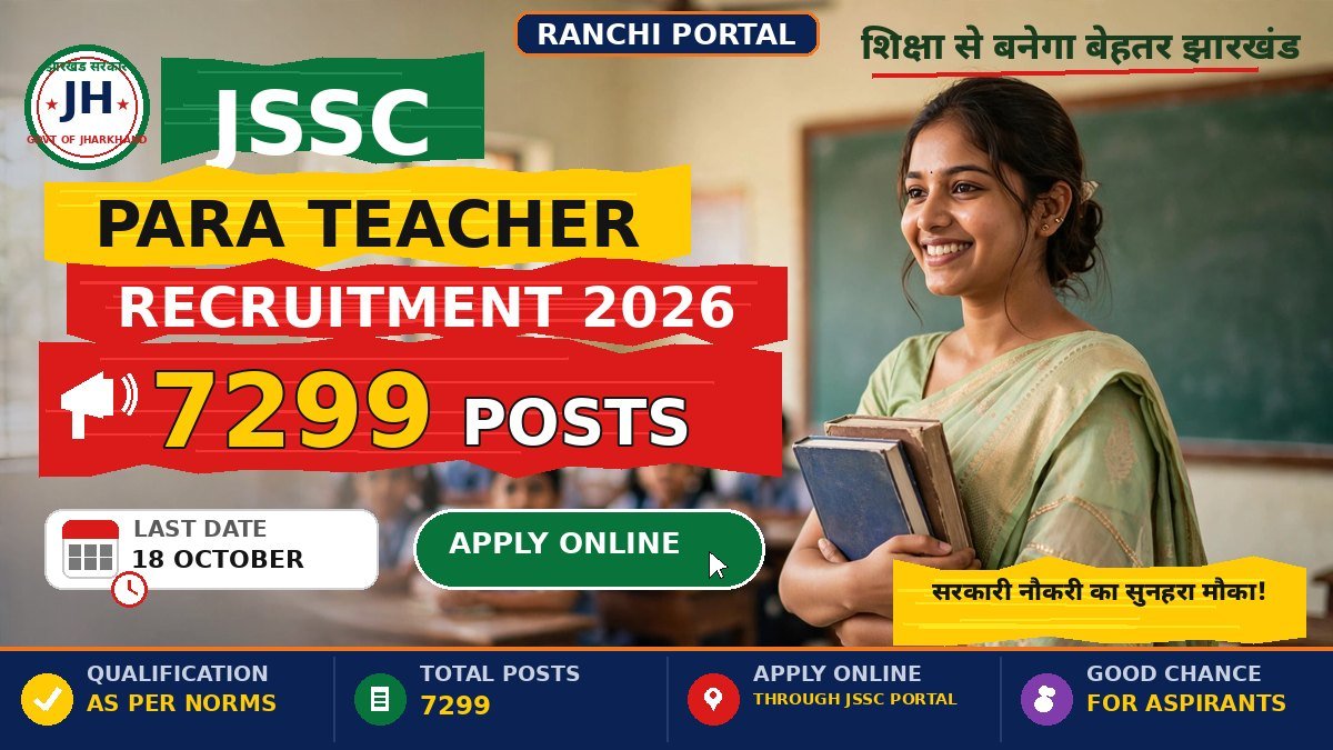 JSSC Para Teacher Recruitment 2026: 7299 posts, Last Date 18 October — Apply Online JSSC Para Teacher Recruitment 2026 - 7299 posts apply online