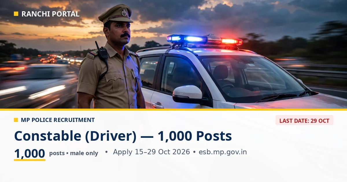 MP Police Constable Driver Recruitment 2026 — 1000 posts, police SUV highway scene, apply by 29 October