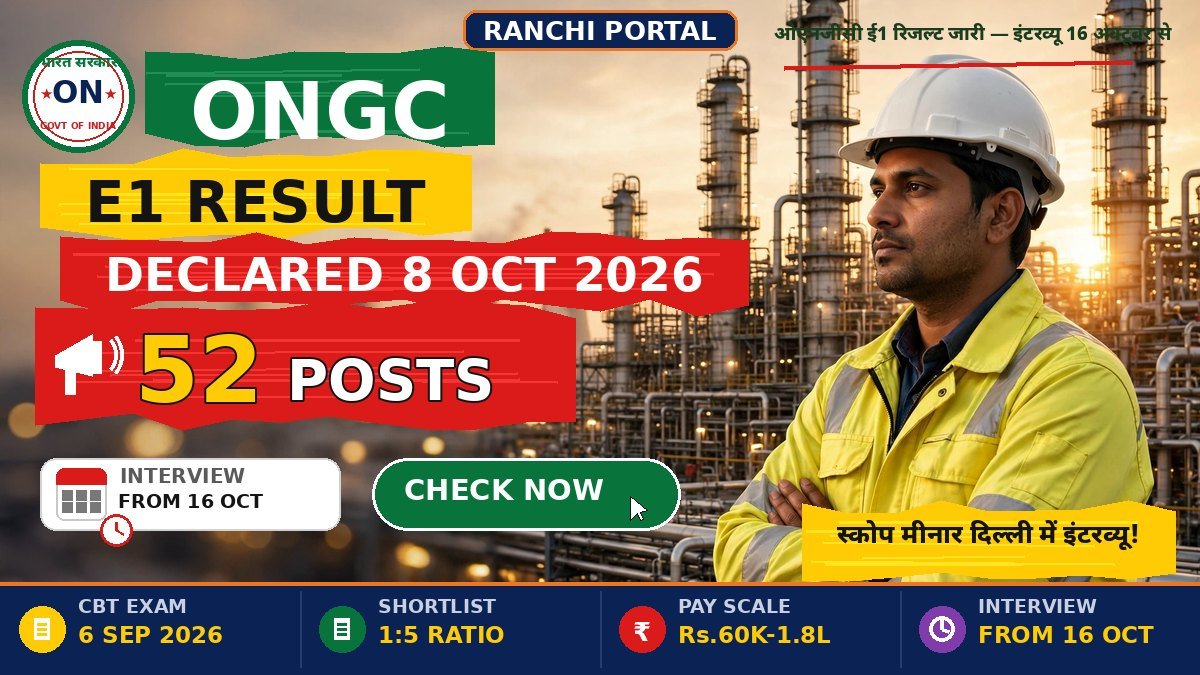 ONGC Geologists and Engineers E1 Result 2026 — declared 8 October, 52 posts, interview 16 October
