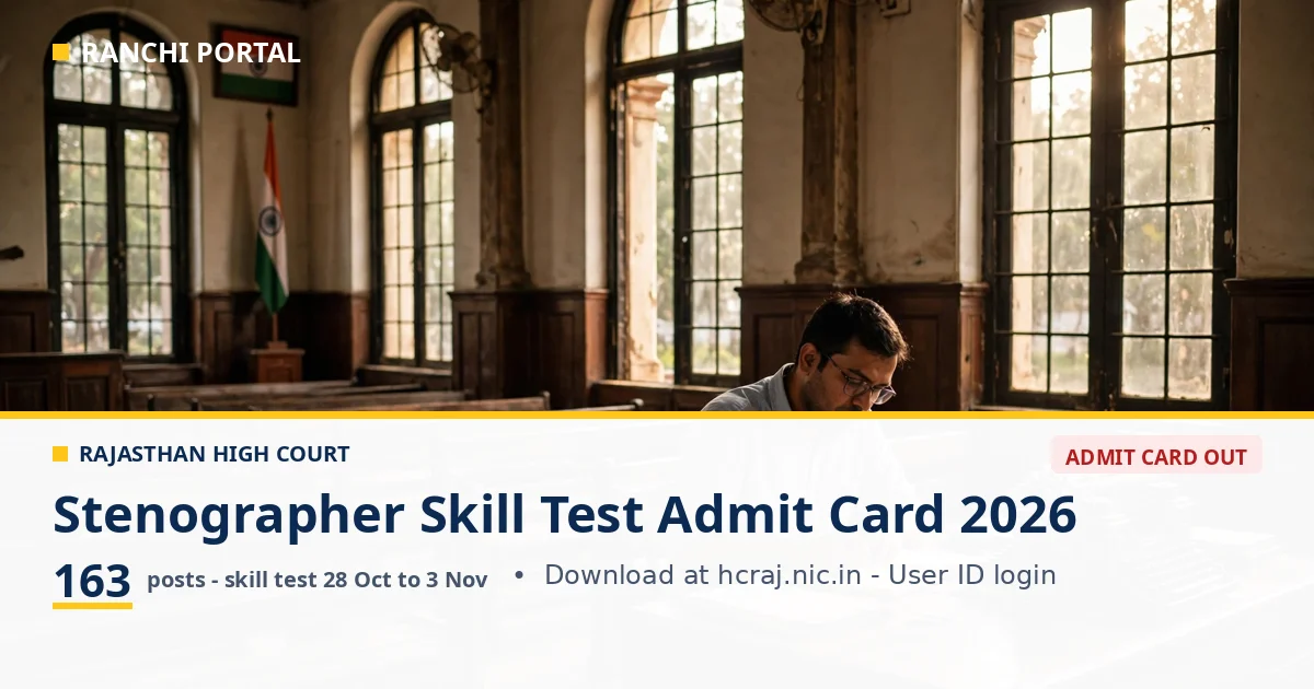 Rajasthan High Court Stenographer Admit Card 2026 — 163 posts, courthouse scene, skill test 28 Oct to 3 Nov