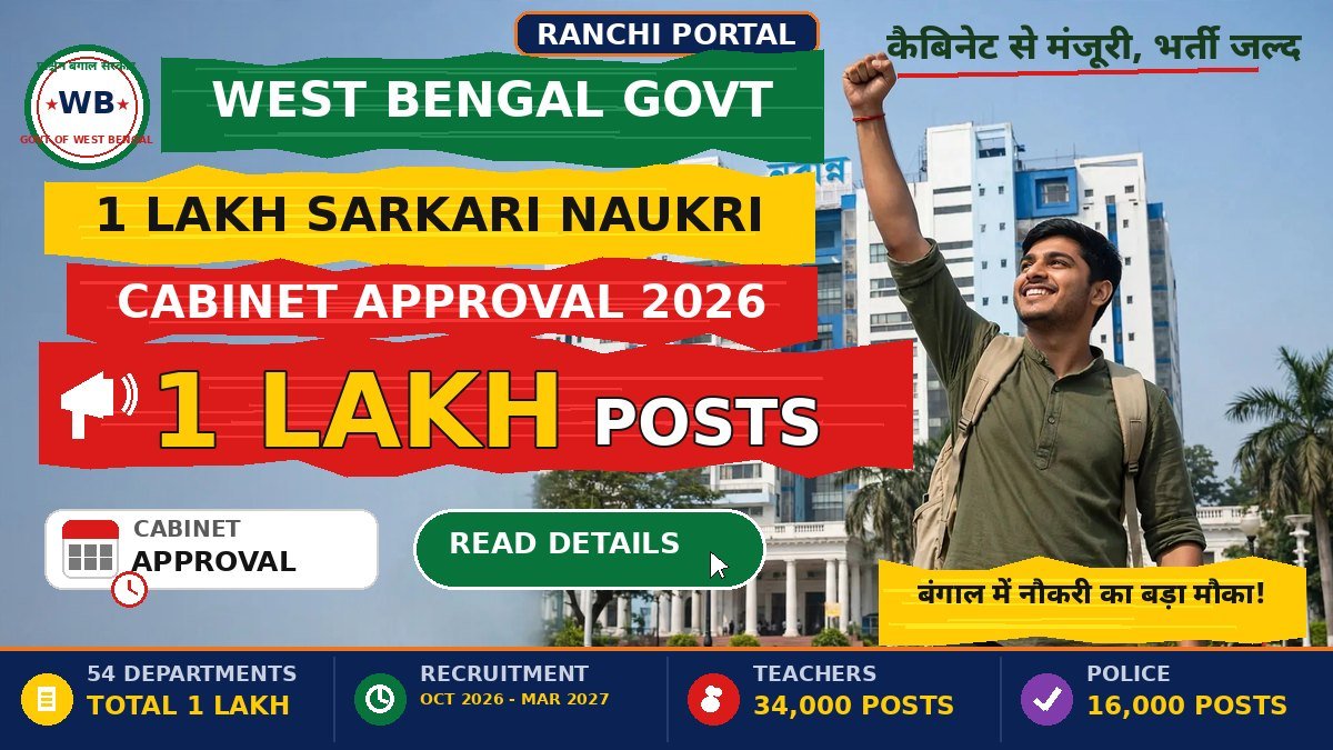 West Bengal 1 Lakh Govt Jobs 2026: Cabinet Approves West Bengal 1 lakh govt jobs 2026 — cabinet approval, 54 departments, 1 lakh posts